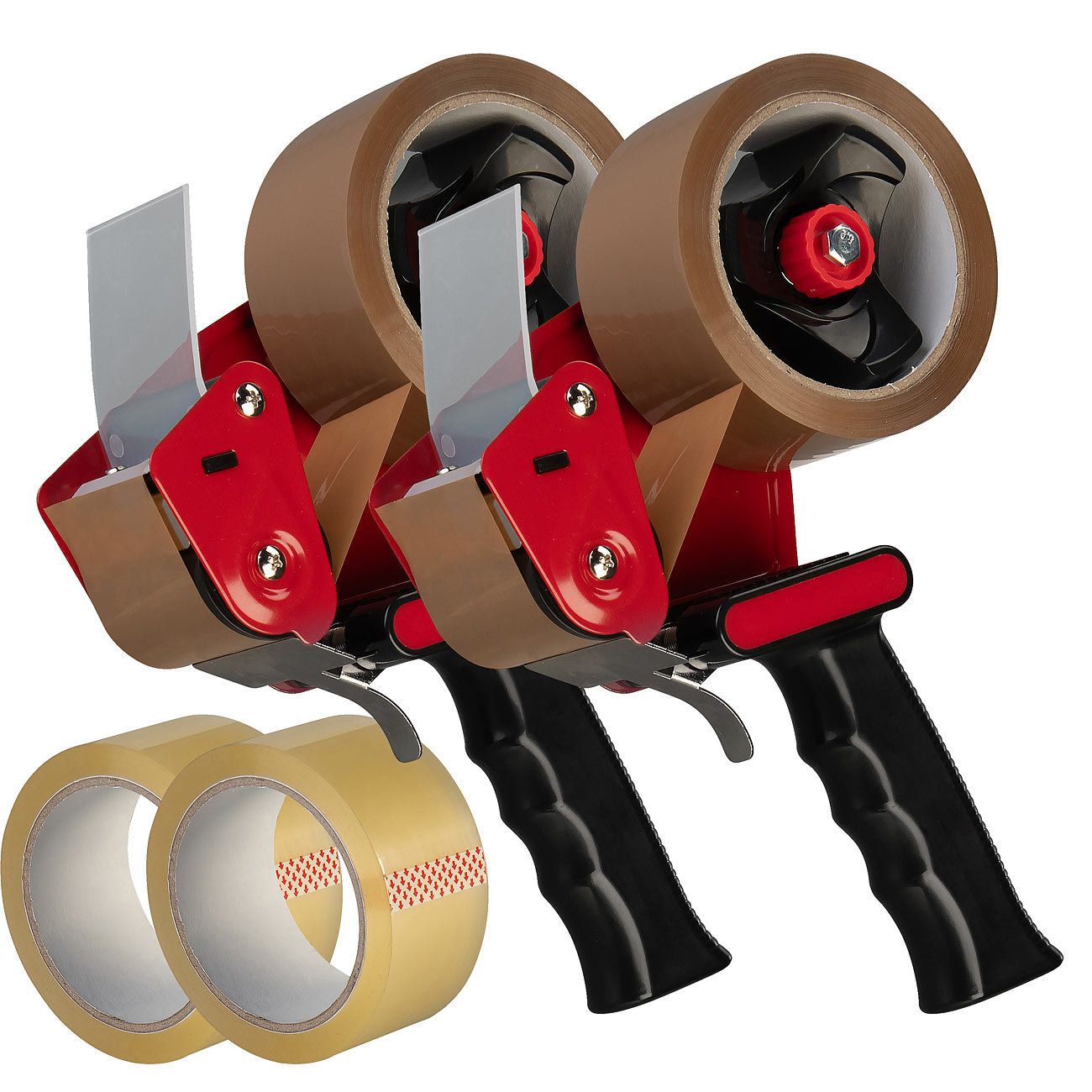 AGT tejp-kit: 2-pack paketband handhållare + 2 bruna och 2 transparenta paketband (tejp-kit, packtejp-paket, paketband lagerpaket)