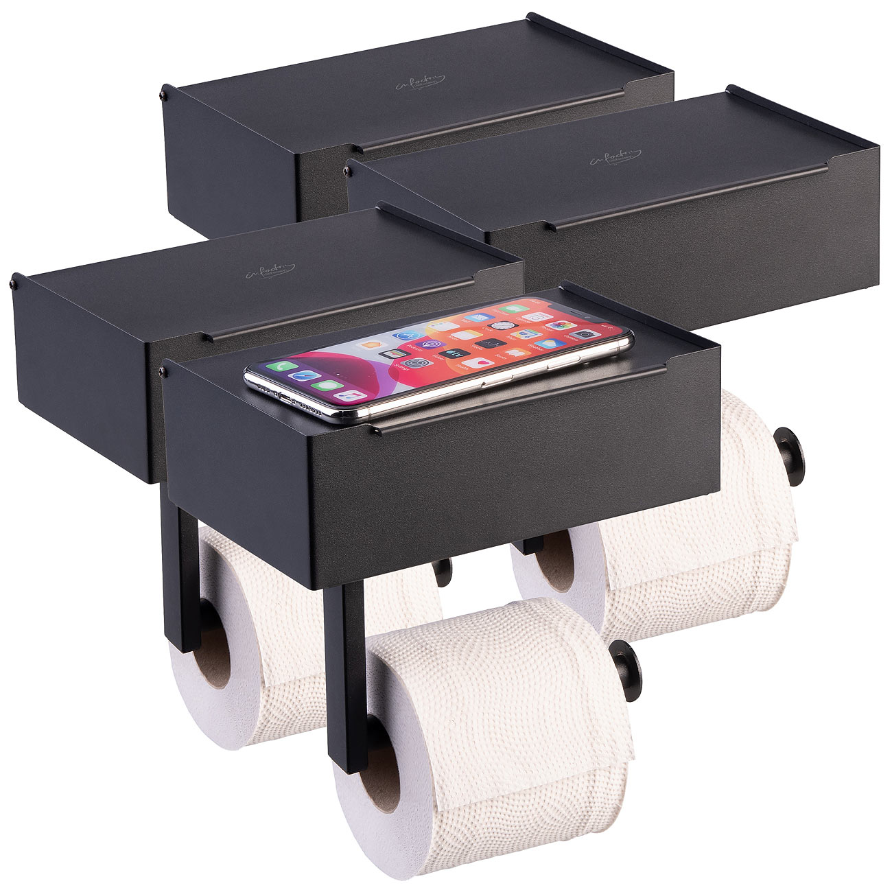 infactory WC-Papier-Halterung: 4er-Set Toilettenpapierhalter mit Feuchttücherbox, ohne Bohren (WC-Rollenhalter, Feuchttücherbox WC Halterung)