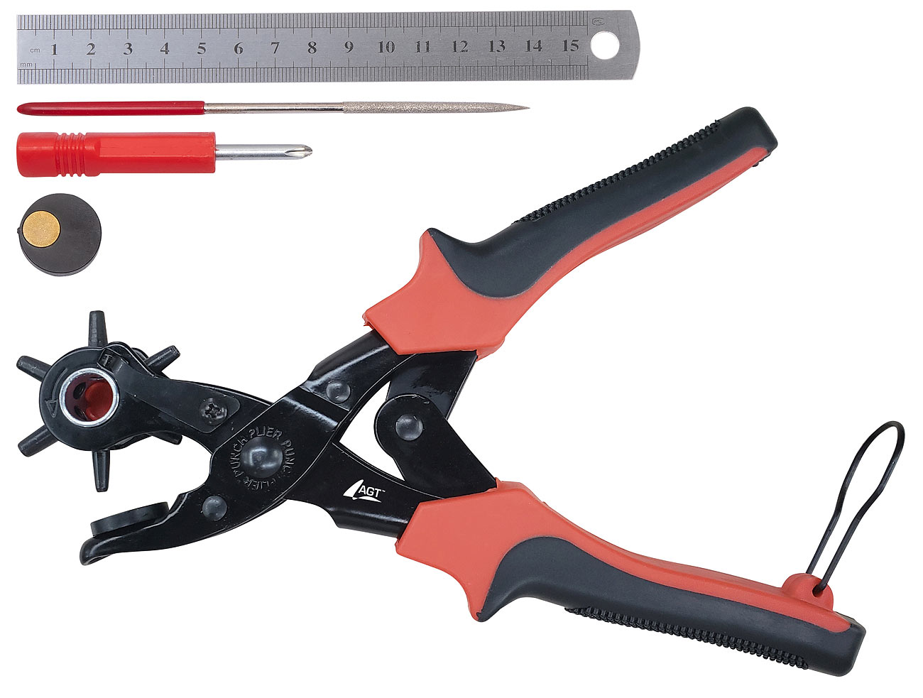 AGT Gürtellochzange: Lochzangen-Set für Leder, inkl. Schraubenzieher, Lineal und Feile (Riemen-Lochstanzer-Werkzeug, Lochzange mit Zubehör)