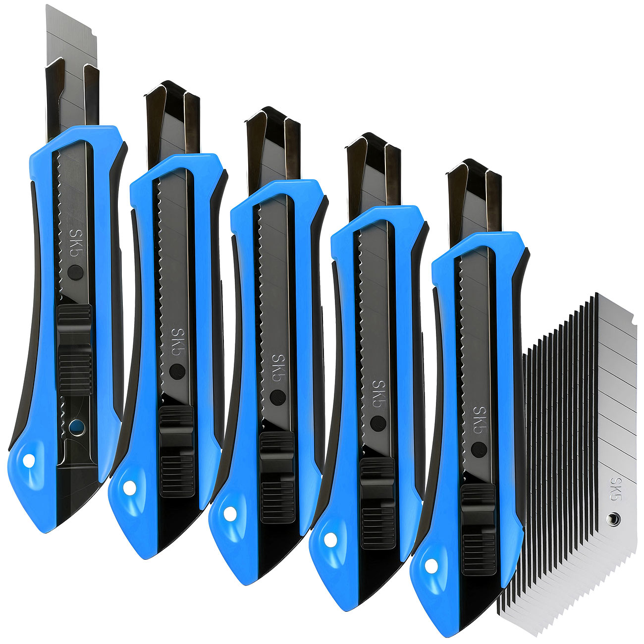 AGT Cutter: 5er-Set Cuttermesser mit 20 Ersatzklingen aus SK5-Stahl, 18 mm (Cutter-Messer, Ergonomische Cuttermesser)