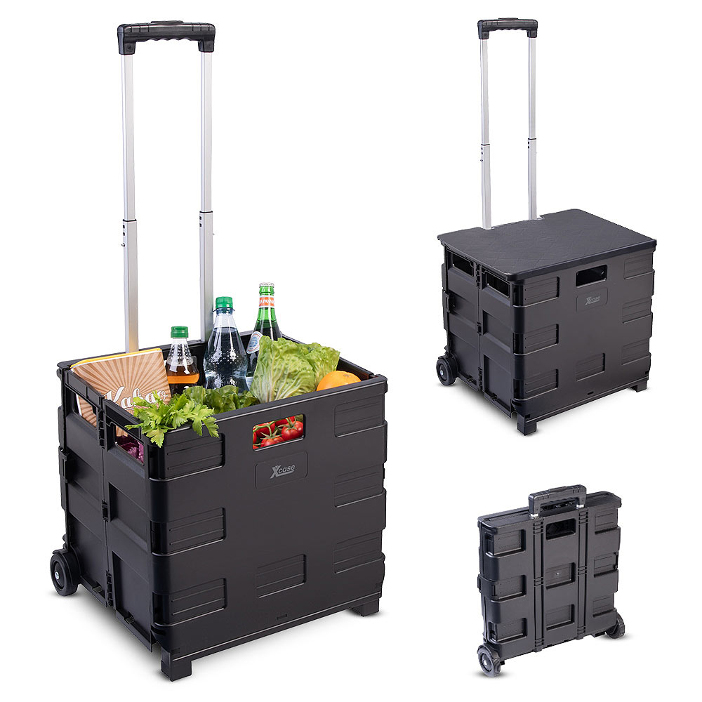 Xcase carrello della spesa: set di 2 carrelli della spesa pieghevoli, manico telescopico, coperchio, 2 ruote (carrello per la spesa, carrello della)