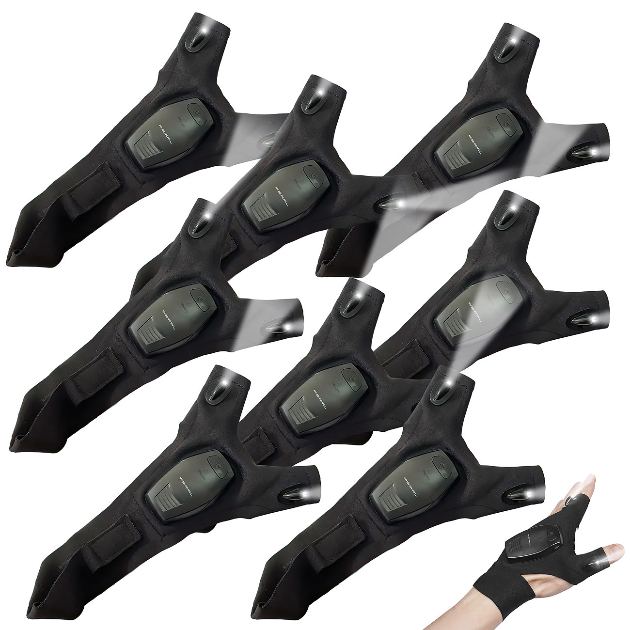 PEARL guanti LED ricaricabili: Set di 4 paia di guanti con luce LED a batteria, ricaricabili, taglia unica (guanti da pesca, guanti a mezzo dito)