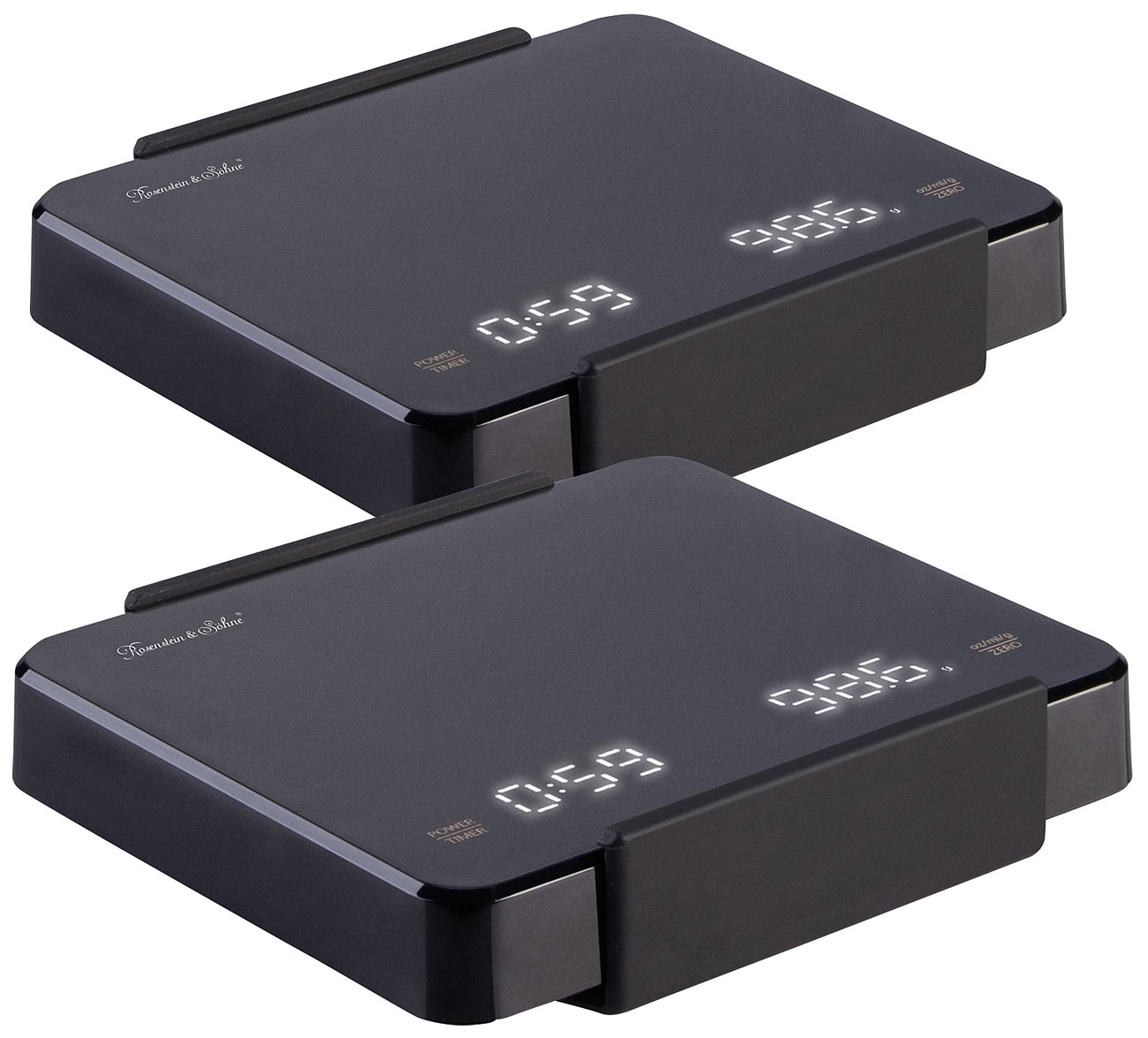 Rosenstein & Söhne Küchenwaage Digital: 2er-Set Mini-Espresso- und Pour-Over-Waage, Timer, Dual-Display, Akku (Digitale Küchenwaage mit Timer)
