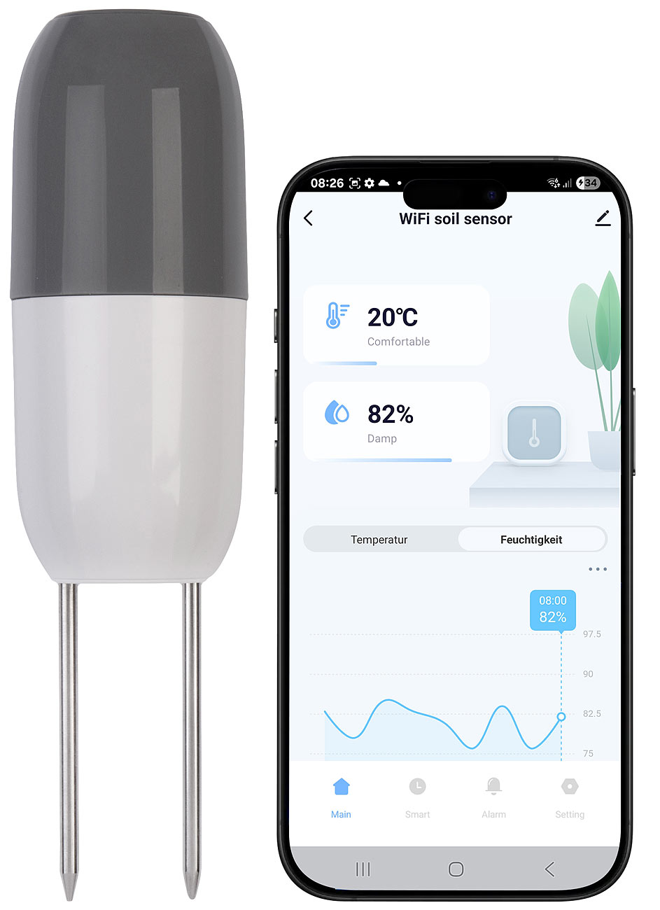 Royal Gardineer capteur pour plantes wifi: Capteur d'humidité et de température du sol intelligent Wi-Fi 2en1 avec application (capteur d'humidité)