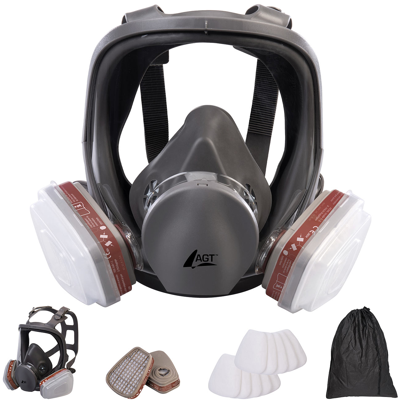 AGT masque respiratoire en silicone: Masque respiratoire intégral avec 2 filtres à gaz et 10 filtres à particules (masque anti-poussière fine)