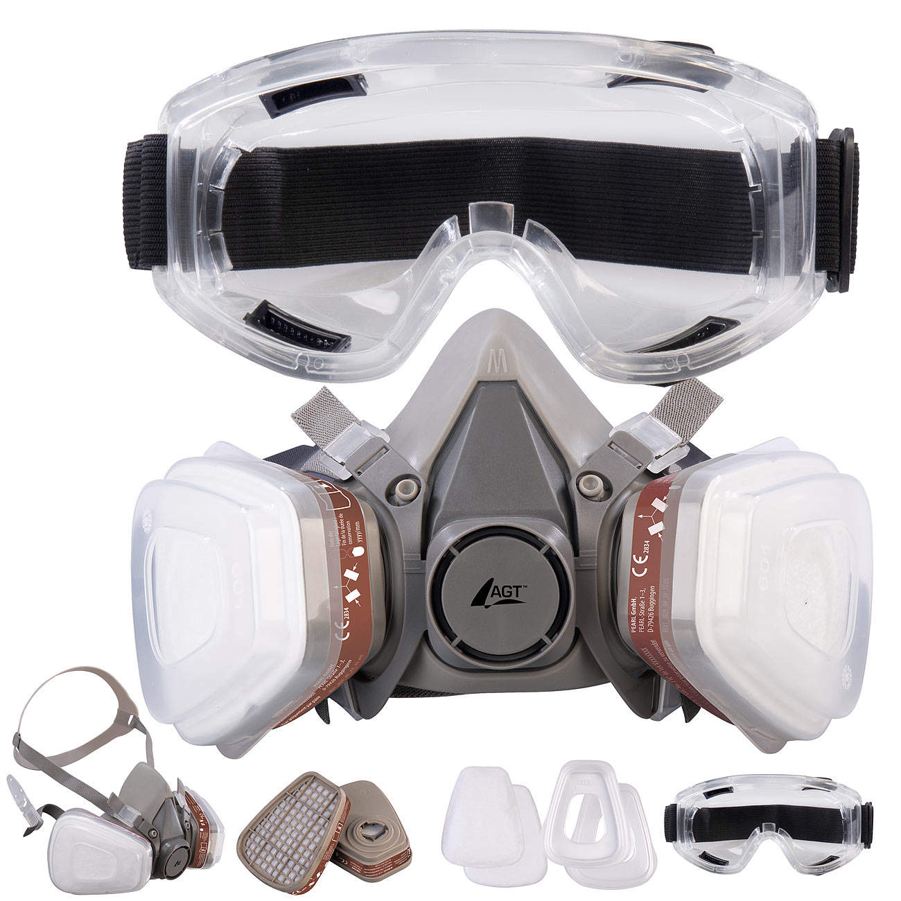 AGT occhiali protettivi integrali: Maschera per il respiro con occhiali protettivi con 2 filtri per gas e 2 filtri per particelle (maschera)