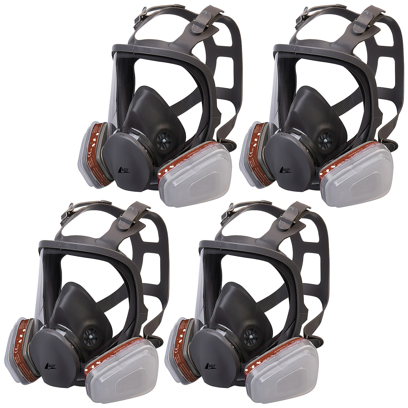 AGT Vollmaske: 4er-Set Vollgesichts-Atemschutzmasken, je 2 Gas- und 10 Partikelfilter (Atemschutzmaske mit Gasfilter, Maske mit Austauschfilter)