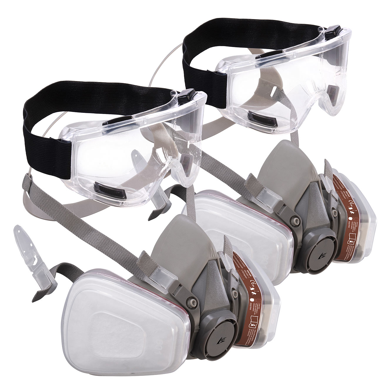 AGT mascarilla antipolvo: Set de 2 máscaras de protección respiratoria con gafas de protección, cada una con 2 filtros de gas y de partículas)
