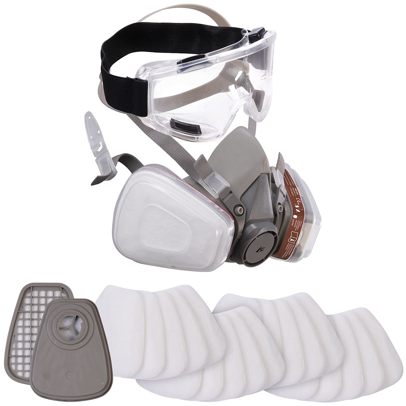 AGT Gasfilter Atemschutz: Atemschutzmaske mit Schutzbrille mit 4 Gas- und 22 Partikelfiltern (Atemschutzmaske wiederverwendbar, Atemschutzmaske mit)