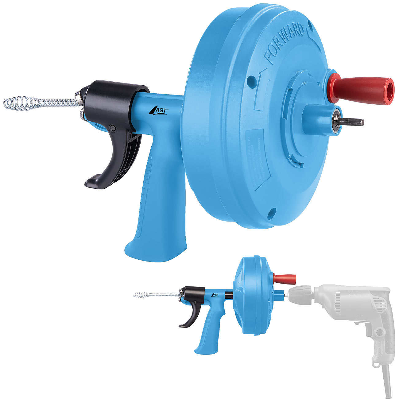 AGT Spirale: 2in1-Rohrreinigungsspirale mit Handkurbel, Bohraufsatz, 8 m, Ø 6,3 mm (Rohrreiniger Spirale, Spirale für Rohrreinigung Bohrmaschine)
