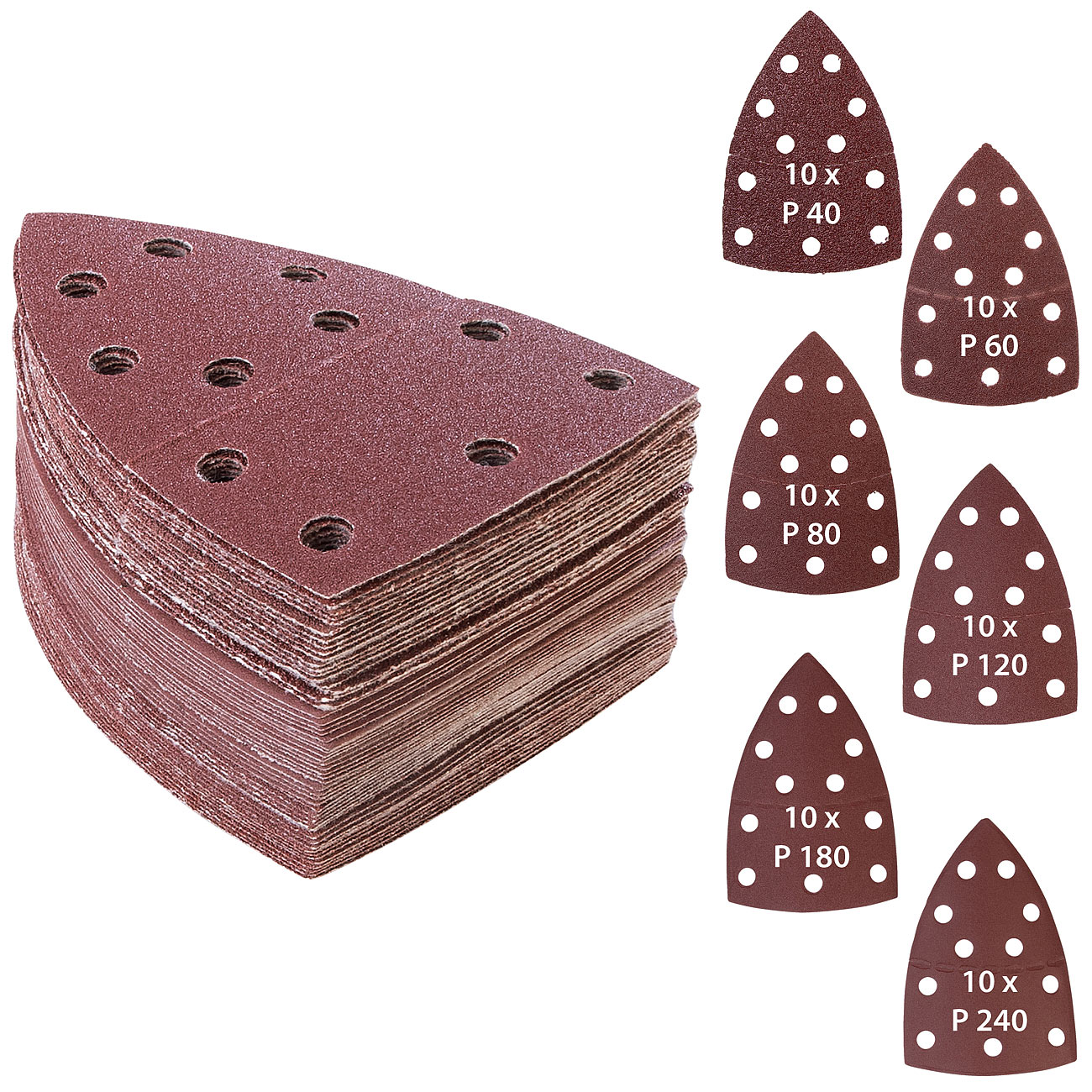 AGT disco abrasivo: Set da 60 pezzi di carta abrasiva con attacco a velcro per levigatrici delta e triangolari, P40 - P240 (carta abrasiva per legno)