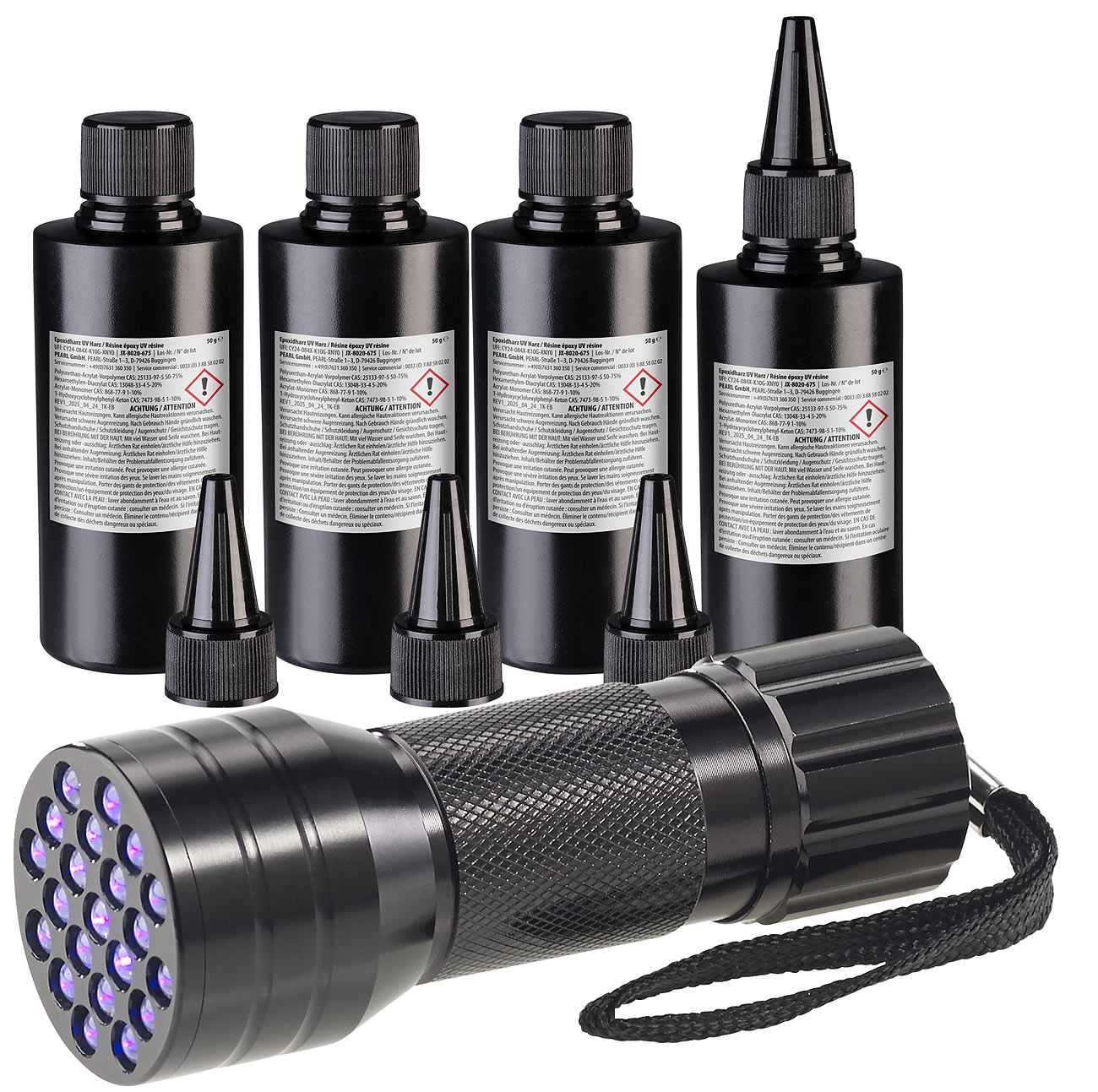 AGT UV Geldscheinprüfer: 4er-Set UV-Resin, kristallklar, vorgemischt, 4x 50 g, inkl. UV-Lampe (UVlampe, 2in1-UV-Taschenlampe)