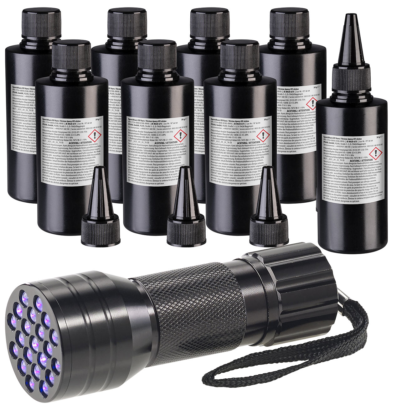 AGT torcia UV: Set da 8 di resina UV, cristallina, già miscelata, 8x 50 g, inclusa lampada UV (resina per bricolage, resina UV con torcia UV, resina)
