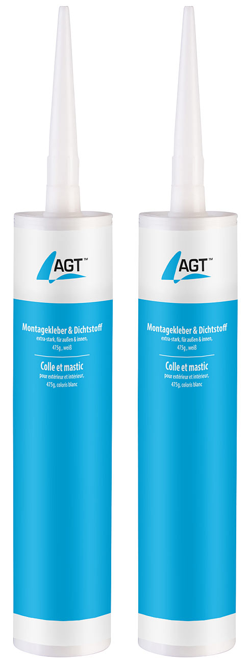 AGT Kleber für Stein: 2er-Set Montagekleber/Dichtstoffe, extra-stark, außen/innen, 475g,weiß (Montagekleber Kartusche, Baukleber und Dichtmasse)