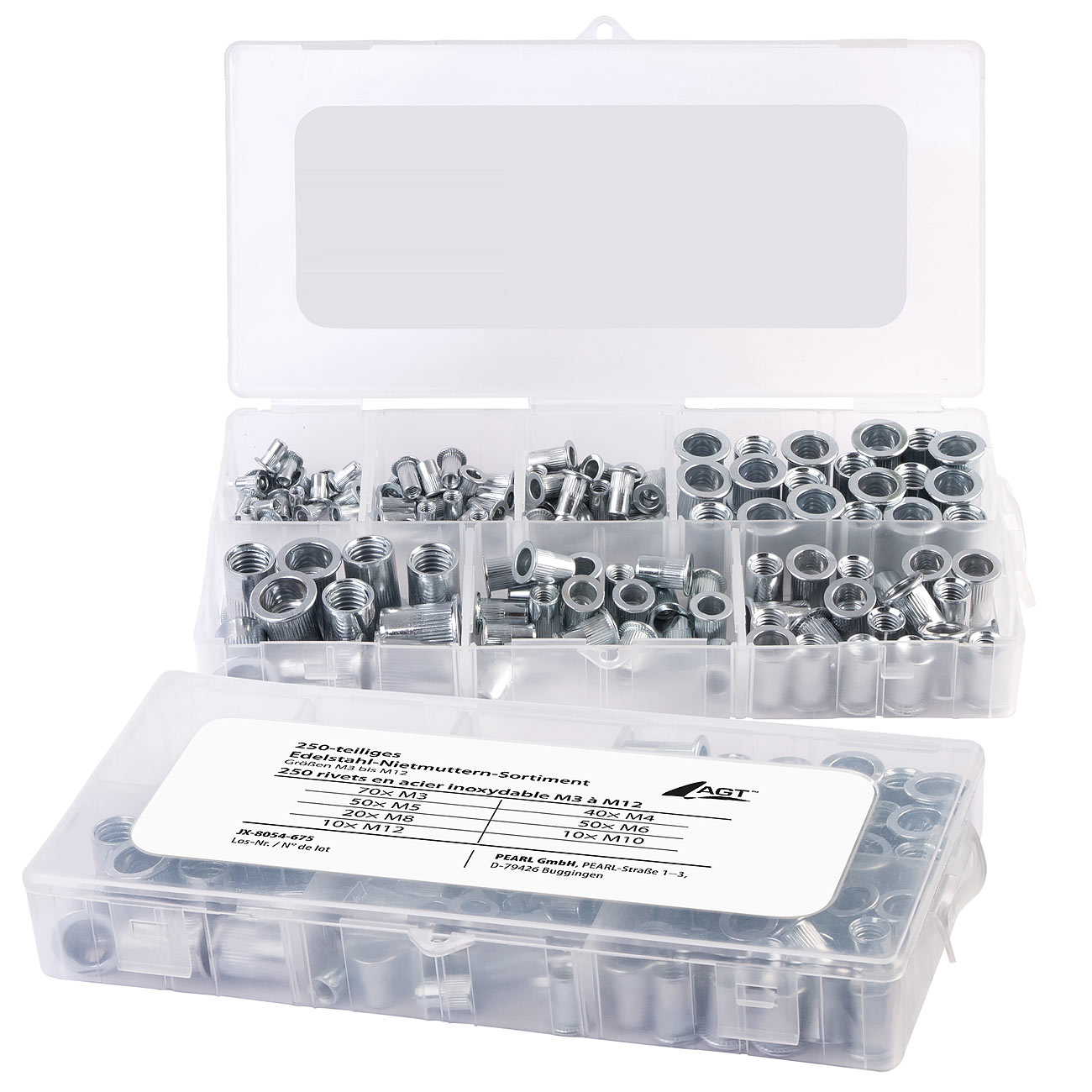 AGT dado a strappo M10: Assortimento di dadi rivetti in acciaio inox da 500 pezzi, dimensioni M3 a M12 (dado a molla M4, dado a molla M6, dado a)