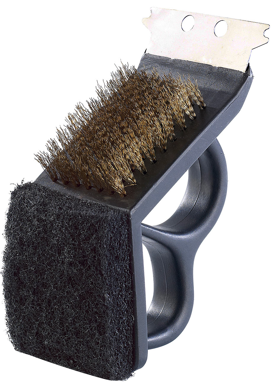 PEARL Grillreiniger: 3in1-BBQ-Grillbürste mit Messing-Bürste, Reinigungs-Schwamm & Schaber (Messingbürste Grill, Bürste zum reinigen vom Grill)