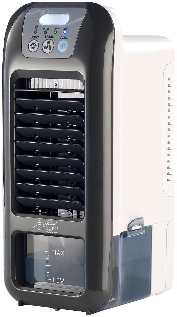 Sichler Luftkühler Wasser: Mobiler Akku-Verdunstungs-Luftkühler LW-350 mit LED-Licht, 9 Watt (Luftkühler Auto, Klimawürfel mit Wasser)