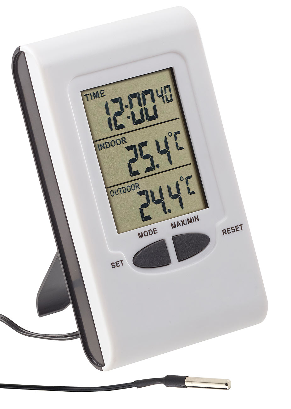PEARL Außenthermometer Digital: Digitales Innen- und Außen-Thermometer mit LCD-Display und Uhrzeit (außen und Innenthermometer, Thermometer)
