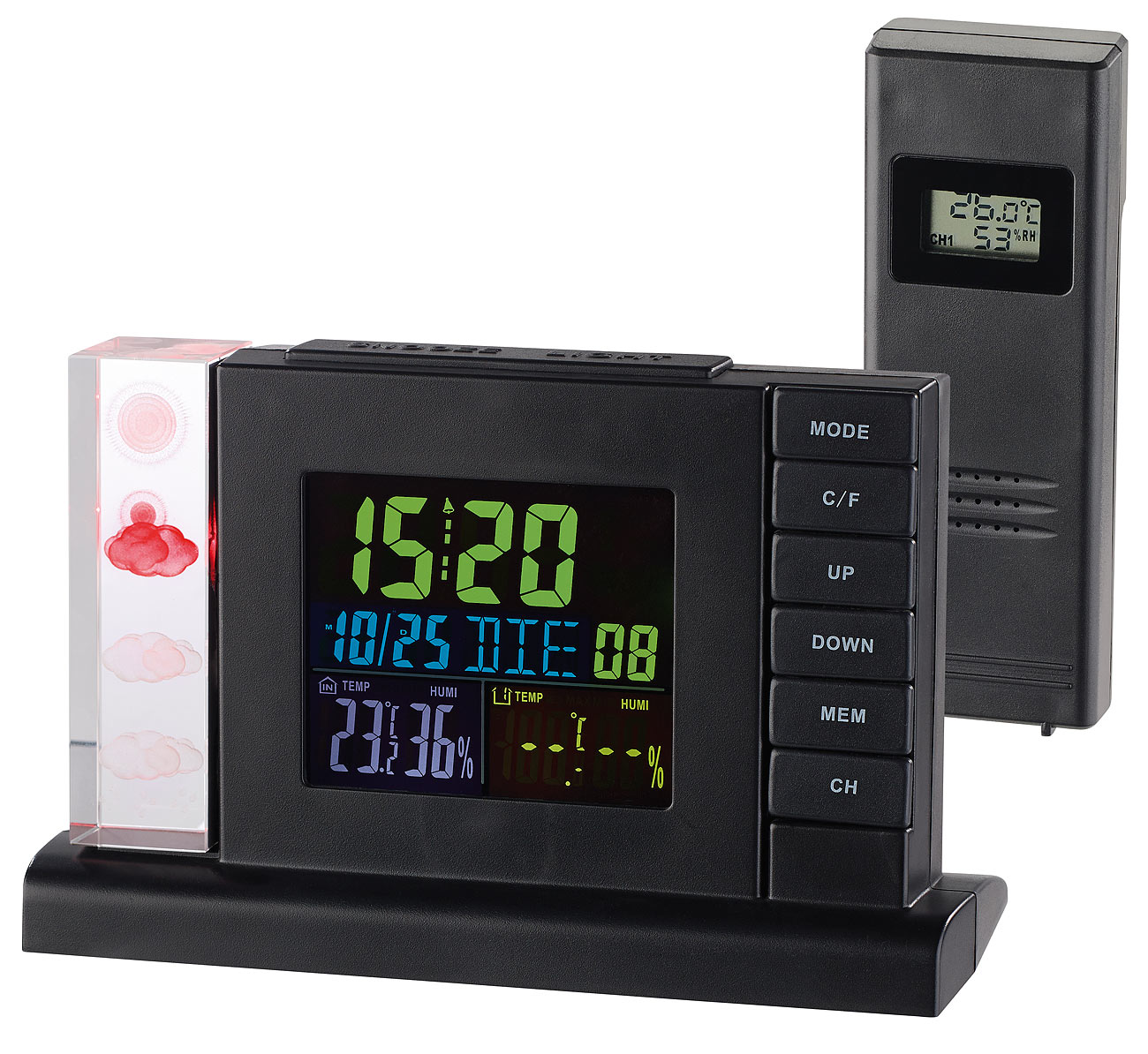 infactory sveglia con stazione meteo sveglia con stazione meteorologica: Stazione meteorologica wireless con display olografico 3D, sensore esterno e