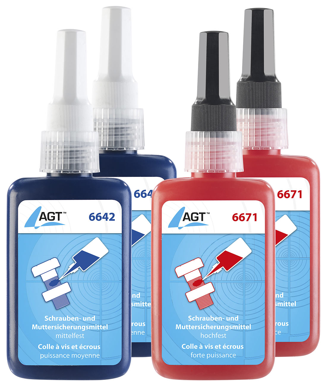 AGT Schraubenkleber: Schrauben- und Muttersicherungsmittel, mittel- und hochfest, 4x 50 ml (Schraubensicherungslack, Schraubensicherung Plombenlack)