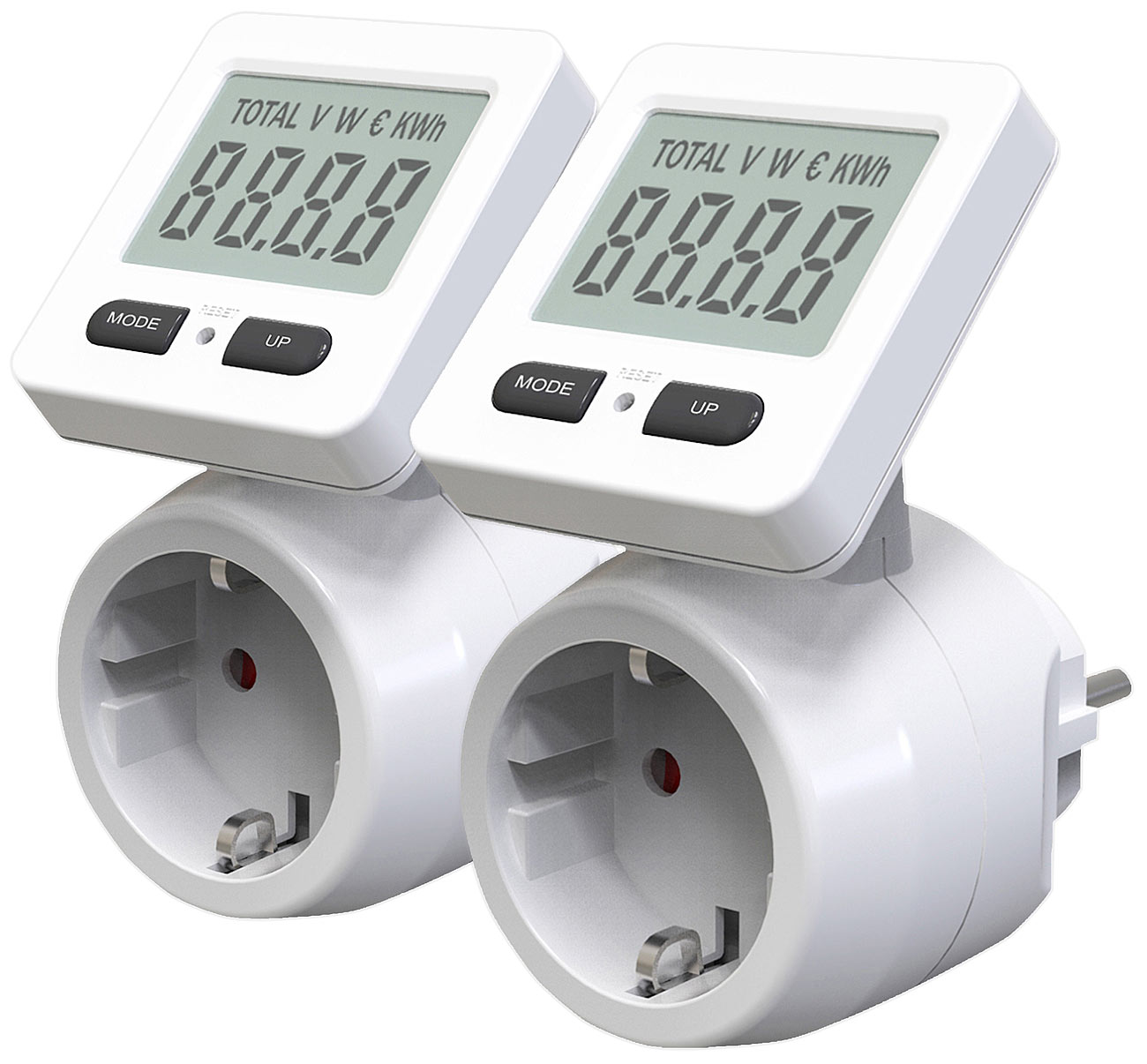 revolt Strommessgerät für die Steckdose: 2er-Set Digitale Energiekostenmesser, 180° drehbares Display, 3.680 W (Stromzähler für Steckdose)
