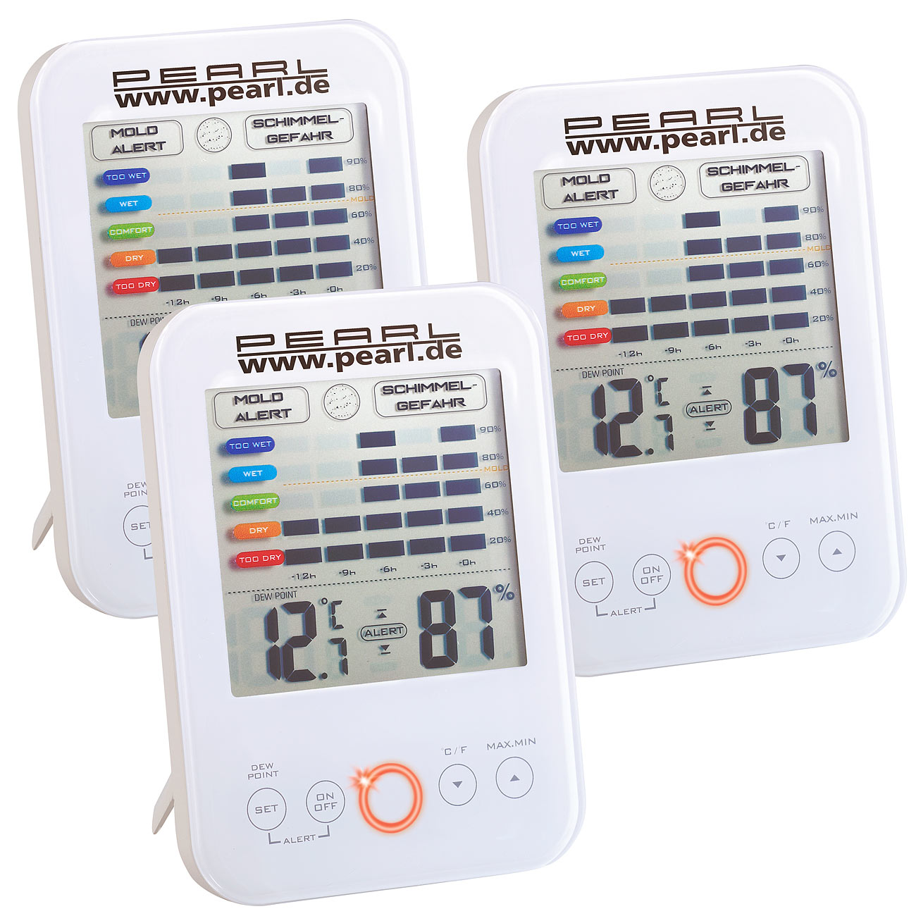 PEARL igrometro digitale: Set di 3 Igrometri/Thermometri Digitali con Allerta Muffa, Display LCD (idrometro igrometro, igrometro con funzione)