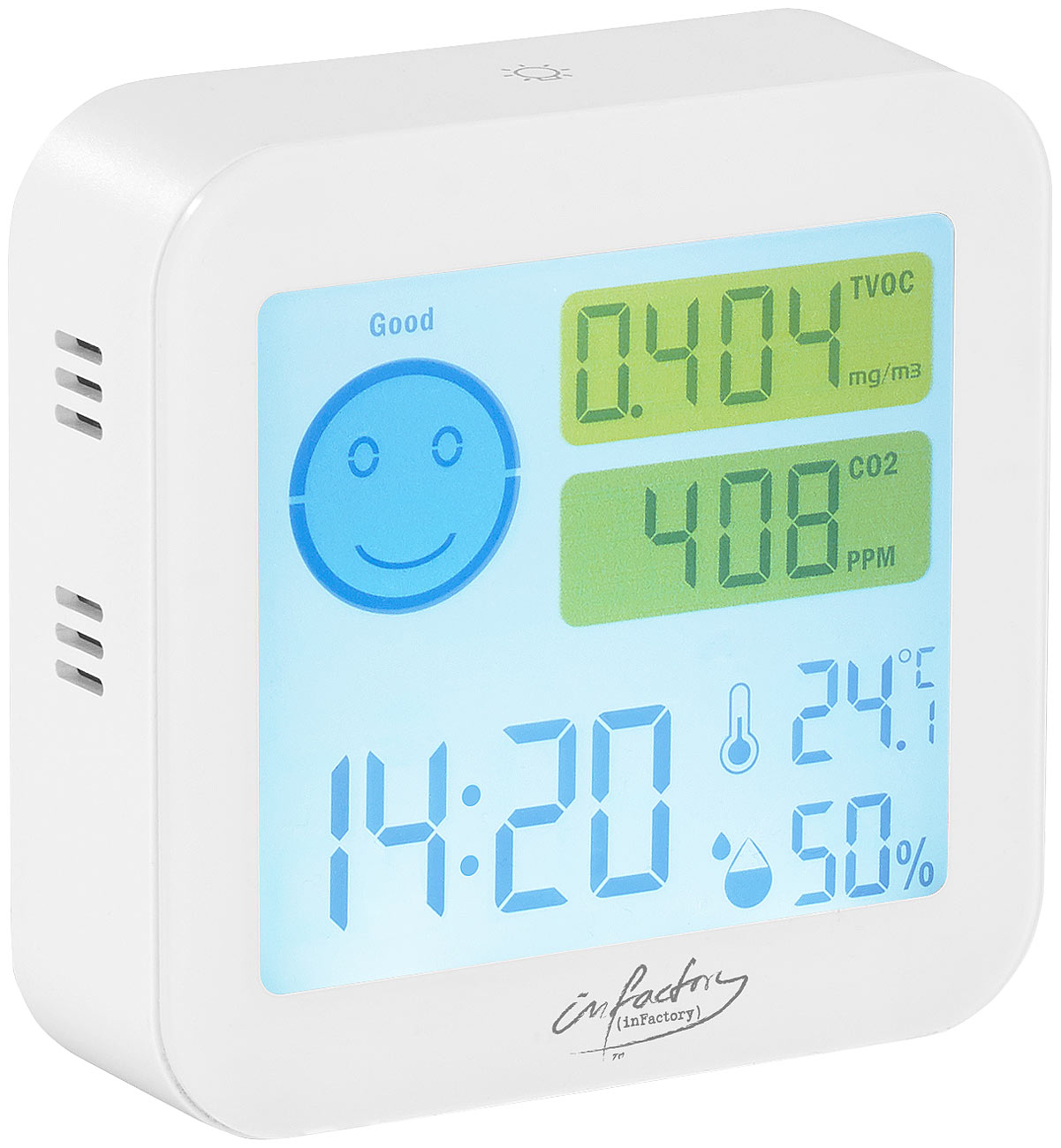 infactory Co2 Melder: Messgerät für TVOC & CO2, mit Uhrzeit, Temperatur und Luftfeuchtigkeit (Luftqualitätsmesser, Kohlendioxid Messgerät)