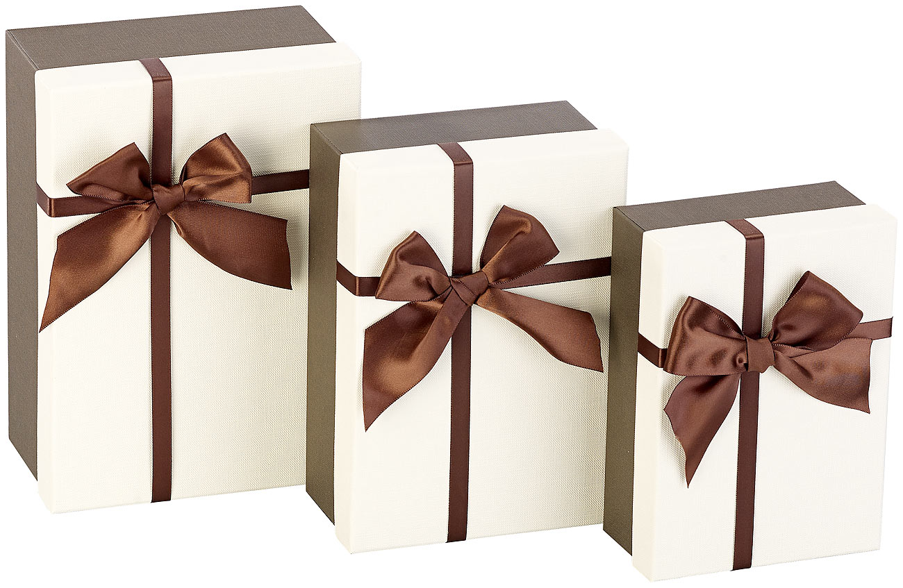 Your Design Geschenk verpacken: 3er-Set edle Geschenk-Boxen mit brauner Schleife, 3 Größen (Dekobox mit Deckel, Dekoboxen mit Deckeln)