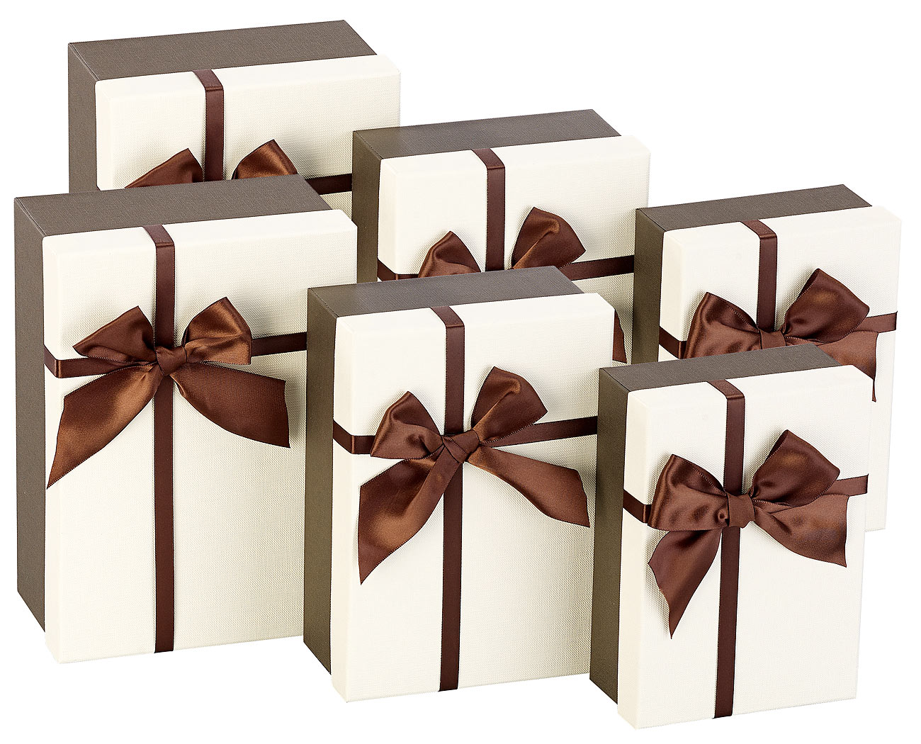 Your Design Geschenk-Kartons: 6er-Set edle Geschenk-Boxen mit brauner Schleife, 3 Größen (Dekokartons, Geschenkboxen mit Schleife)