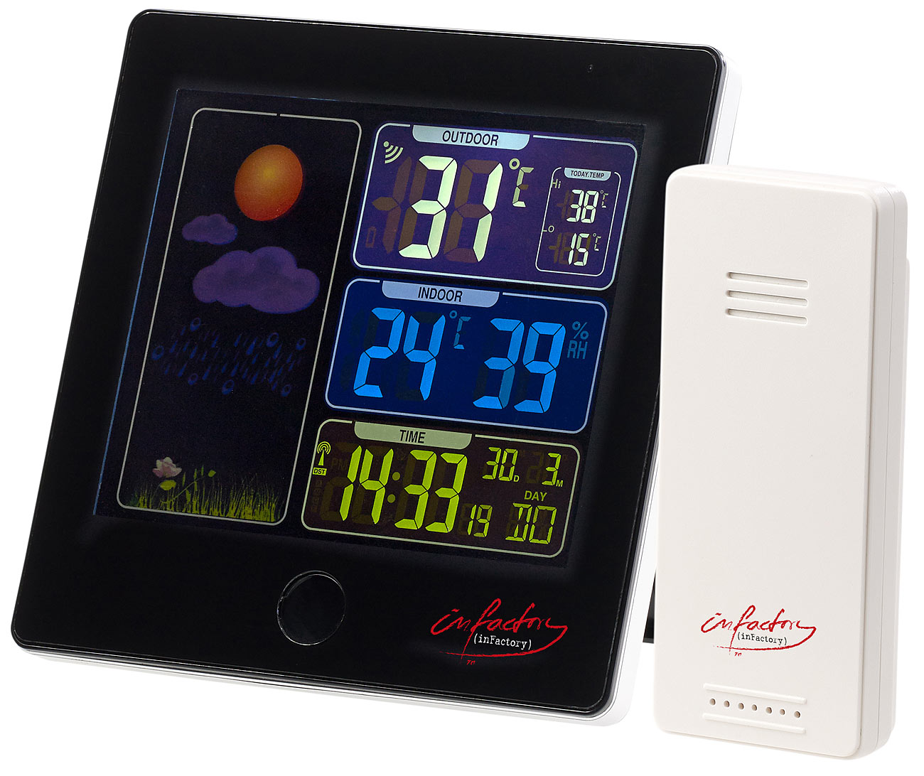 infactory batteria per stazione meteo: Stazione meteorologica wireless, sensore esterno, display a colori, orologio radio, sveglia, nero (stazione)