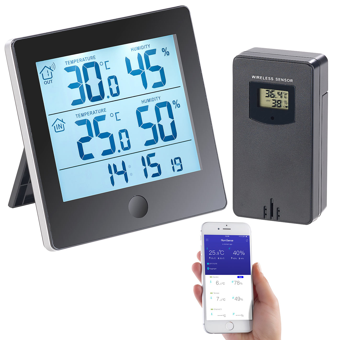 infactory Thermometer mit Apps: Thermo-/Hygrometer-Datenlogger mit Außensensor, Bluetooth & App (Digitaler innen außen Thermometer, Wetterstation)
