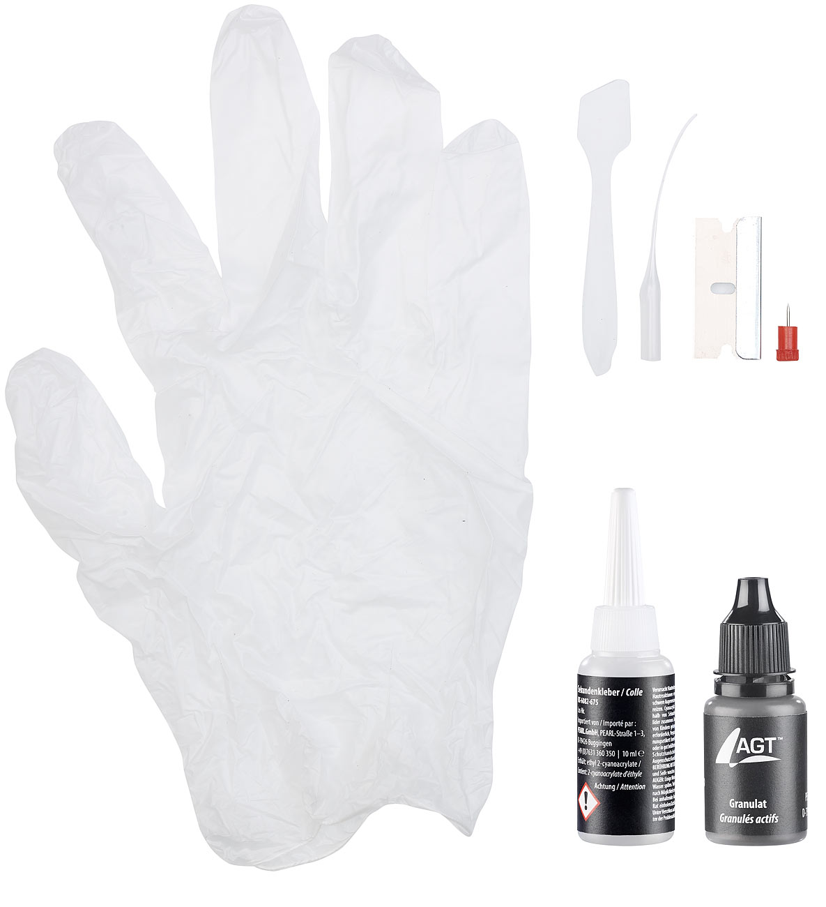 AGT adhésif de réparation adhésif de réparation colle de réparation colle de réparation: Kit de réparation avec colle instantanée et granulés noirs,