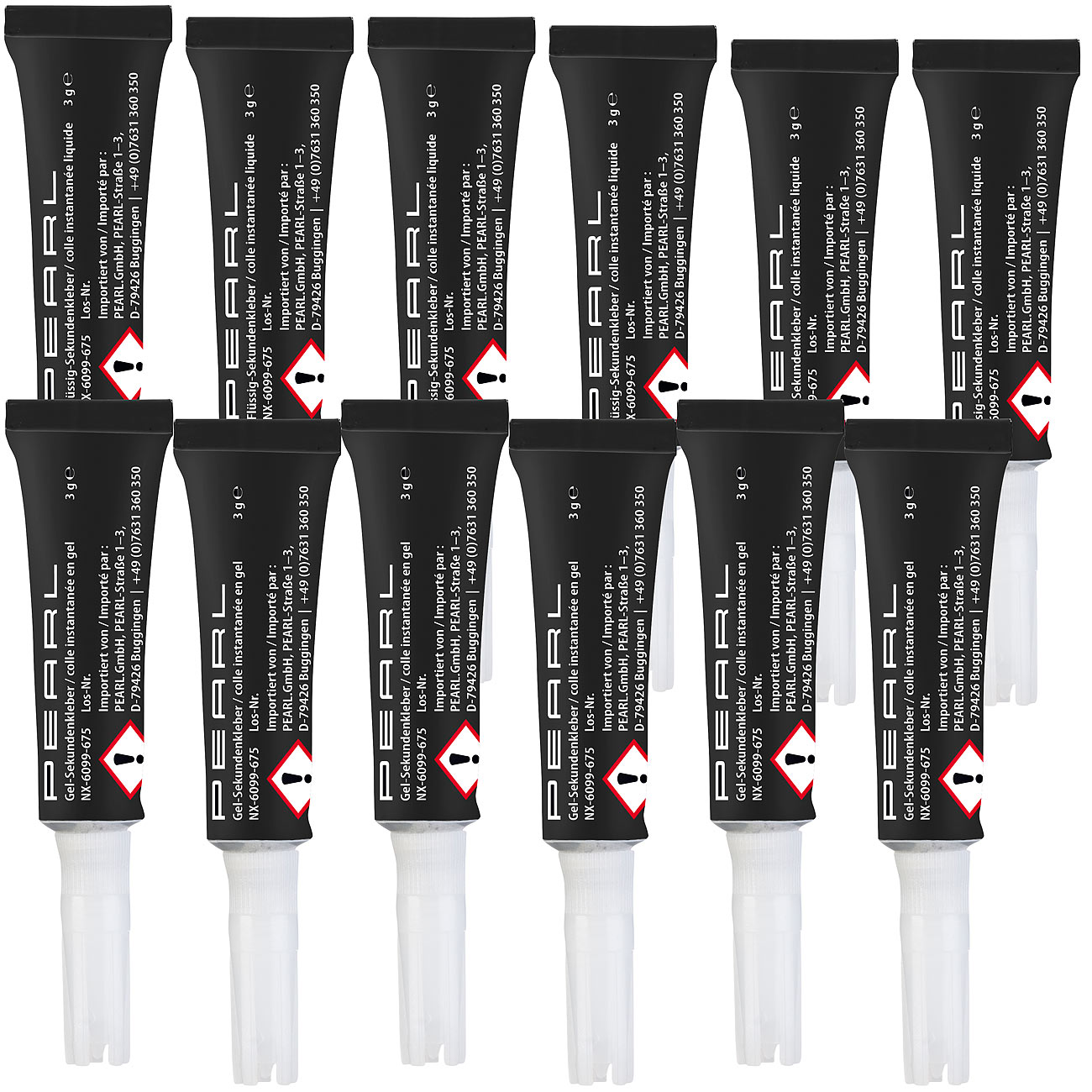 PEARL colla per vetro: Set di 12 mini collanti istantanei con 6 colle gel e 6 colle liquide, ciascuna da 3 g (colla per tessuti, colla cianoacrilica)