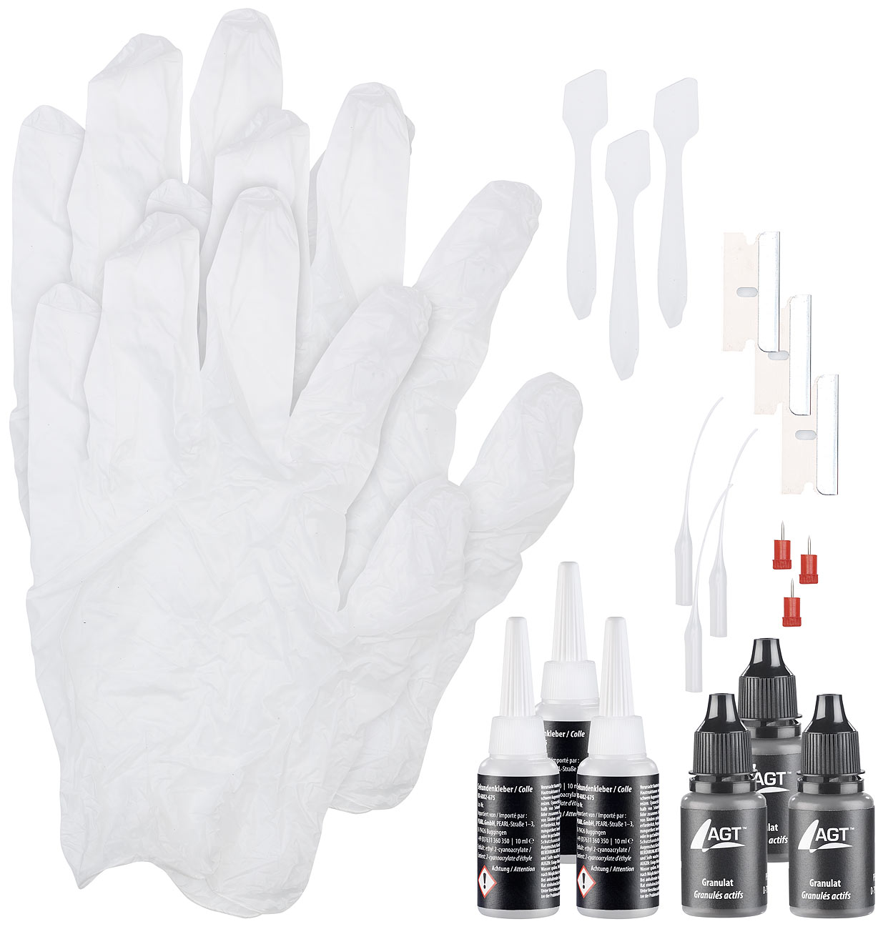 AGT adesivo cianoacrilico colla cianoacrilato: Set di riparazione 3 pezzi con colla istantanea e granuli neri, 10 ml ciascuno (collante con)