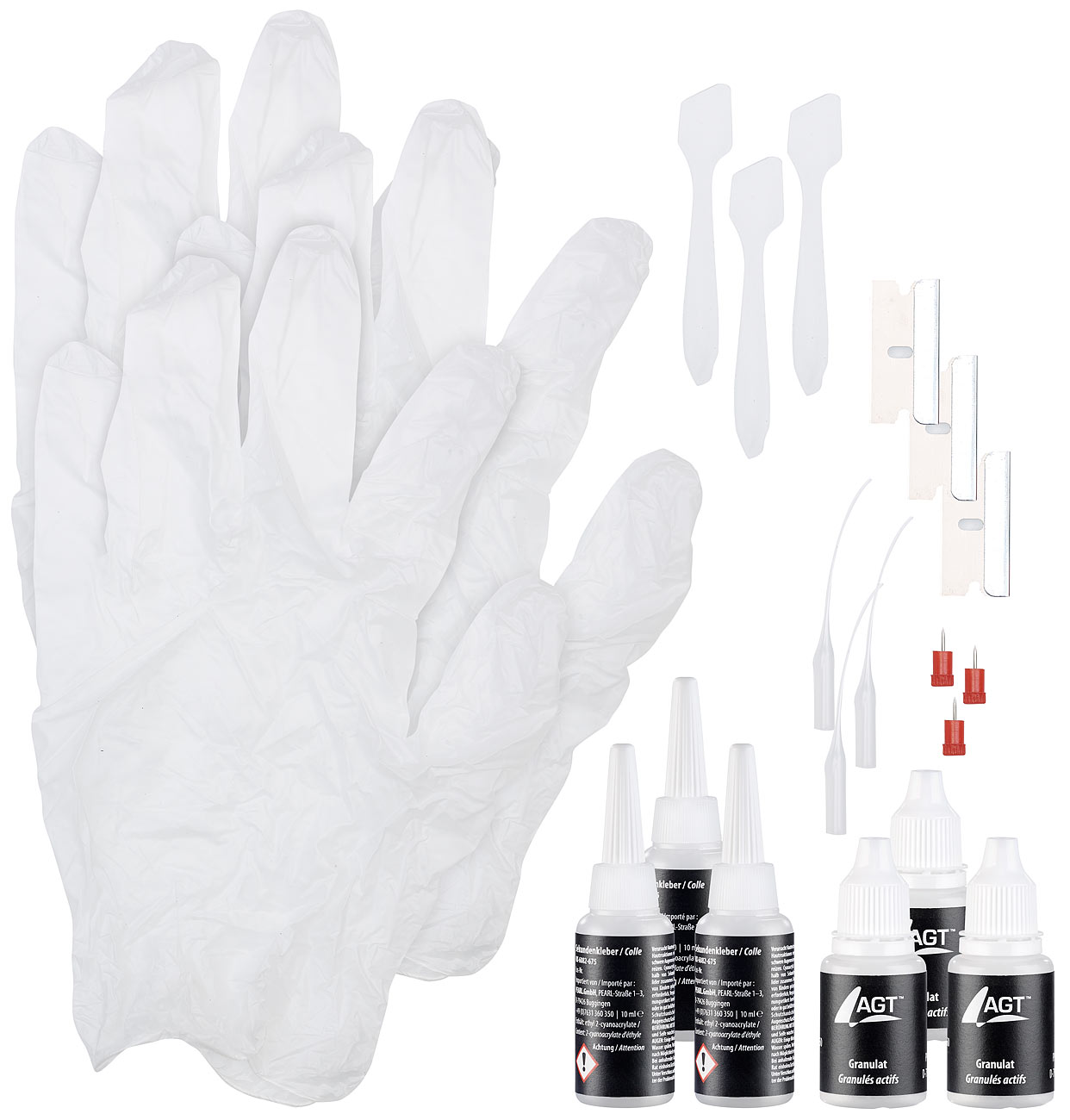 AGT pegamento universal: Juego de reparación de 3 piezas con pegamento instantáneo y gránulos transparentes, 10 ml cada uno (pegamento universal)