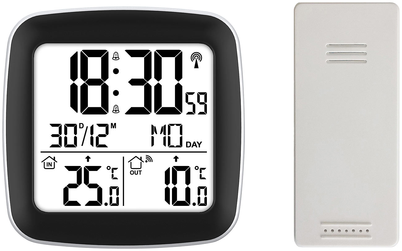 infactory Außenthermometer Funk: Digitaler Funkwecker mit Dual-Alarm, Thermometer, Außensensor, Datum (Funkuhr Thermometer, Kabelloser Wecker)