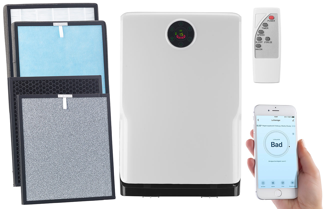 Sichler UVC Luftreiniger: 6-Stufen-Luftreiniger mit UV, Ionisator, WLAN, inkl. Ersatzfilter (Luftreiniger appgesteuert, UV Filter Luftreiniger)