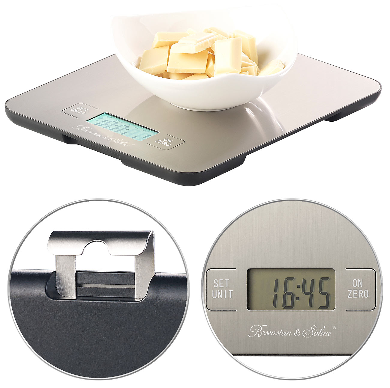 Rosenstein & Söhne balance digitale balance numérique: Balance de cuisine numérique en acier inoxydable avec minuterie, jusqu'à 15 kg, précision de 1