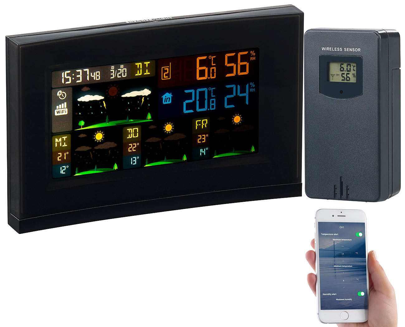 infactory Wetterstation WiFi: WLAN-Funk-Wetterstation mit Außensensor, Wettertrend & Datenlogger-App (Wetterstation Uhr, Funk-Wetterstation)