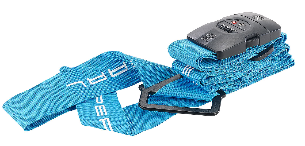 PEARL Kofferband: Kreuz-Koffergurt mit TSA-zertifiziertem Zahlenschloss, 5 x 400 cm (Kofferkreuzgurt, Spanngurt für Koffer, Gepäck, Sicherheit)