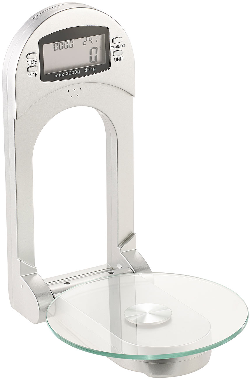 Rosenstein & Söhne balance murale pliable: Balance de cuisine numérique murale, pliable, minuterie, capacité de 3 kg (balance murale pliable, balance)