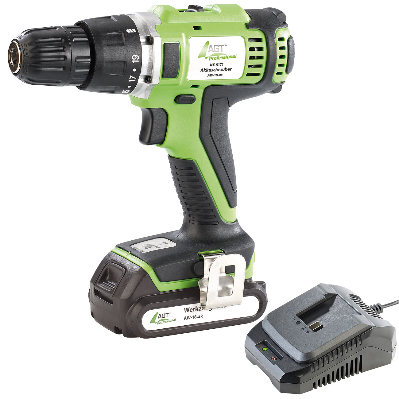 AGT Professional Akkubohrer: Akkuschrauber AW-18.as, mit Li-Ion-Akku und Ladegerät (Akku Bohrschrauber, Akkuschrauber Lithium-Ionen)