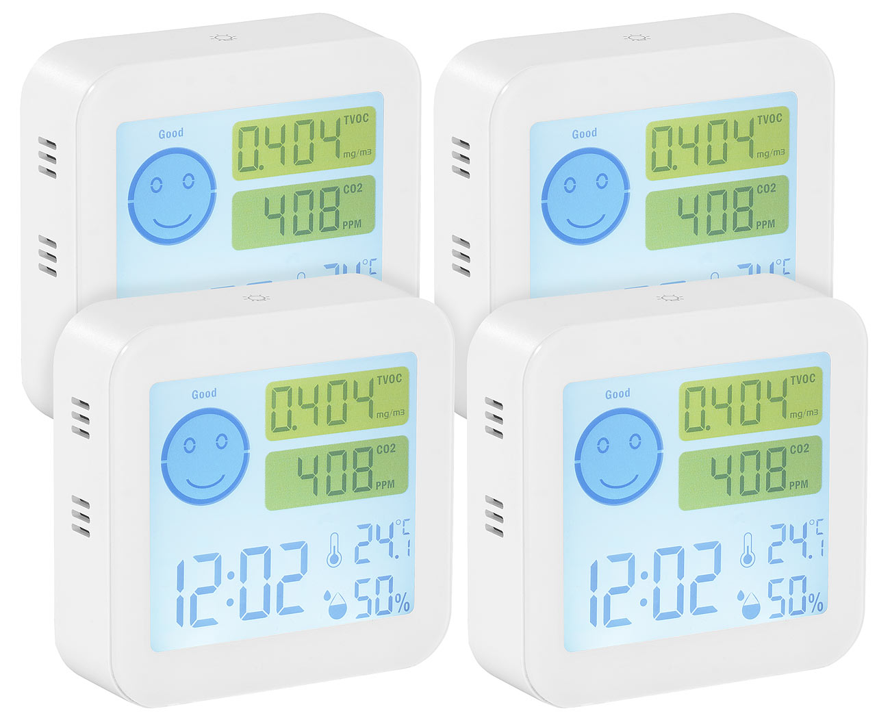 infactory Co2 Warner: 4er-Set TVOC- & CO2-Messgeräte mit Uhr, Temperatur, Luftfeuchtigkeit (Luft-Qualität-Messgerät Co2, Kohlendioxid Melder)