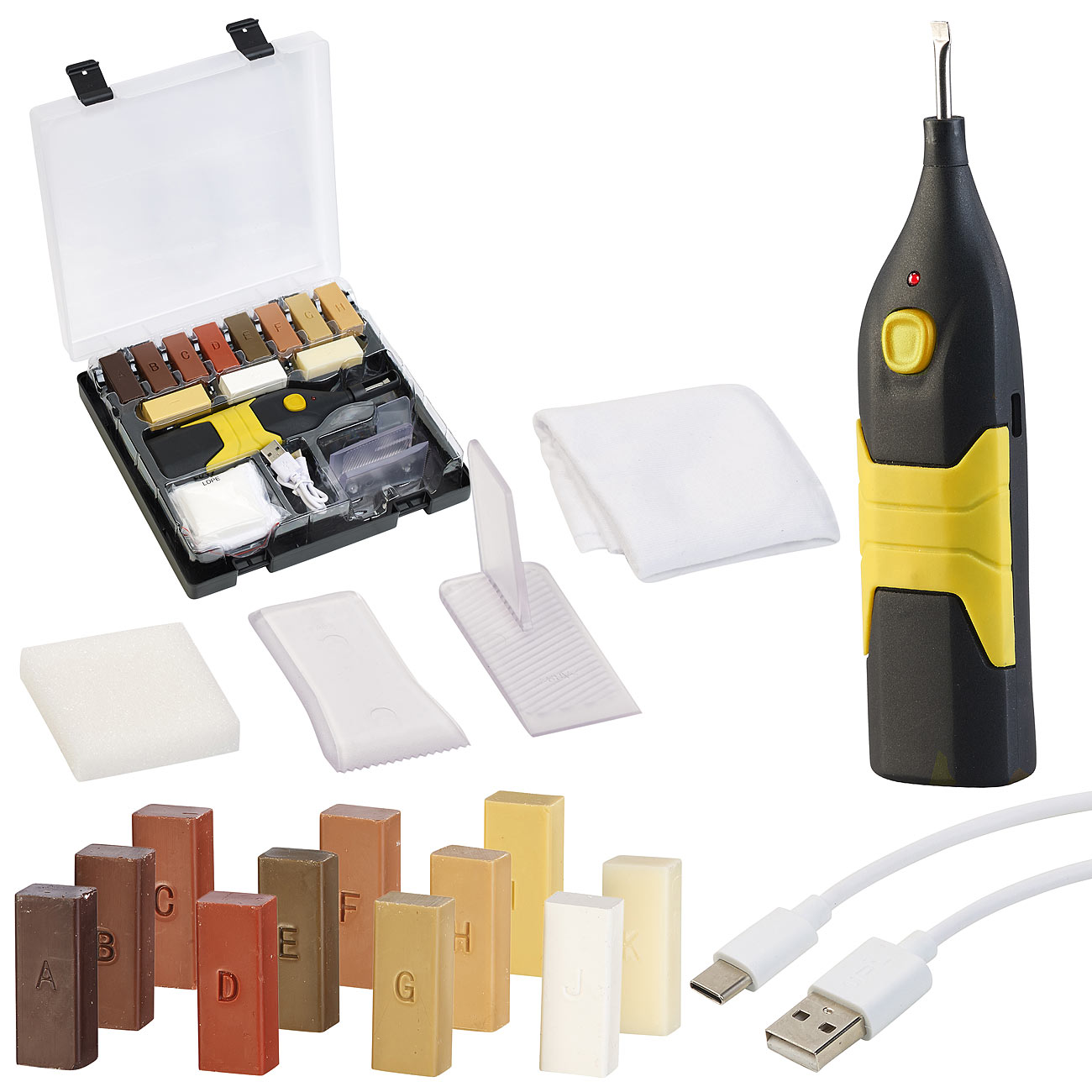 AGT Hartwachs Stange: Reparaturset für Parkett, Laminat & Holz mit Akku-Wachsschmelzer, USB (Parkettreparatur, Parkett- und Laminat Reparatur-Sets)