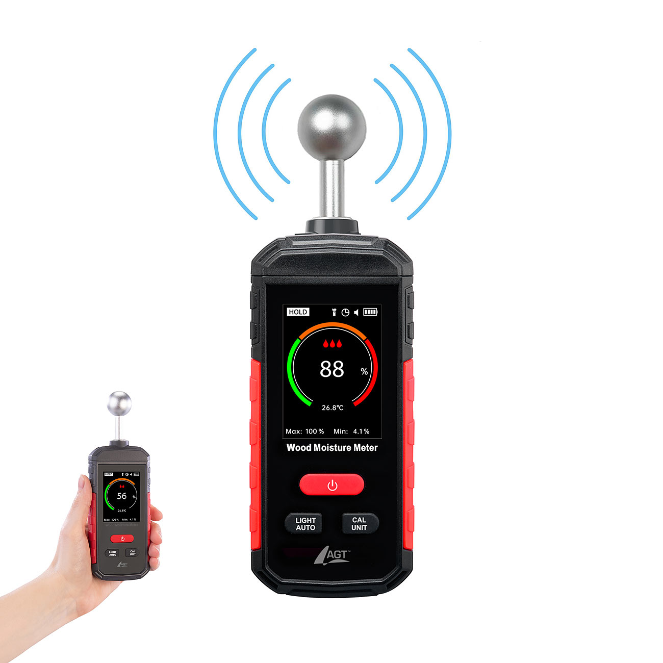 AGT Feuchtemesser: Akku-Feuchtigkeits-Messgerät, nichtinvasive Messung, Farb-LCD, 5-40 mm (Feuchtemessgerät, Feuchtemesser mit nichtinvasiver Messung)