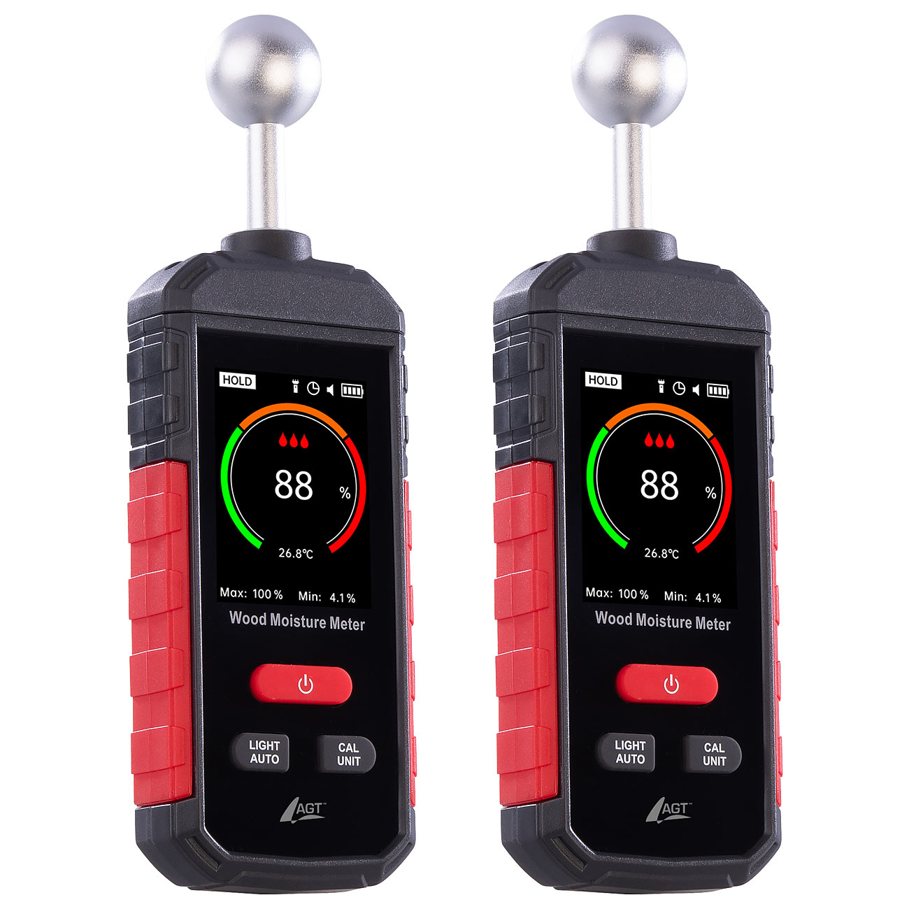 AGT Feuchtigkeitsdetektor: 2er-Set Akku-Feuchtigkeits-Messgeraete, nichtinvasiv, Farb-LCD, 5-40 mm (Baustoff-Feuchtigkeitsmessung, Restfeuchtemesser)