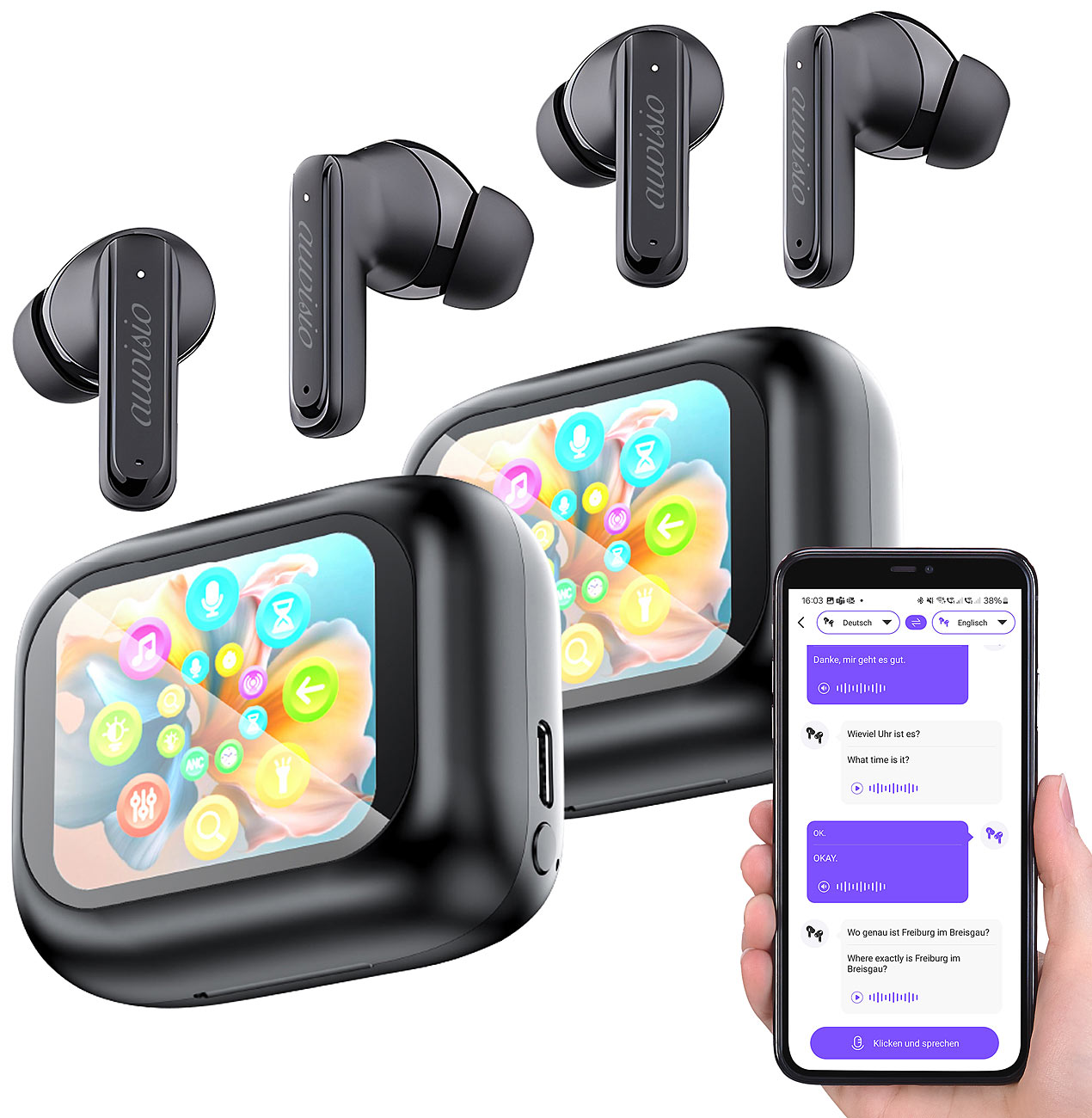 auvisio Echtzeitübersetzer: 2er-Set KI-Echtzeitzeitübersetzer & In-Ear-Kopfhörer, 135 Sprachen,ANC (KI Übersetzer Kopfhörer ohne Handy)