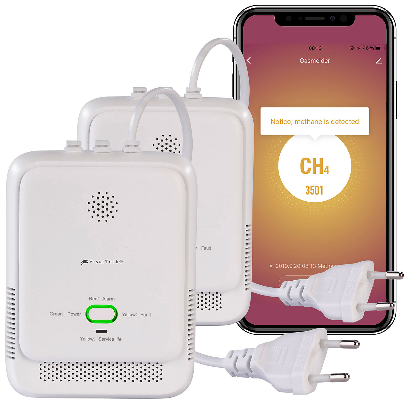 VisorTech Elesion Gasmelder: 2er-Set Smarter Multi-Gasmelder für haushaltsübliche Gase, WLAN, App (Gaswarnmelder WLAN, Gasleckalarme)
