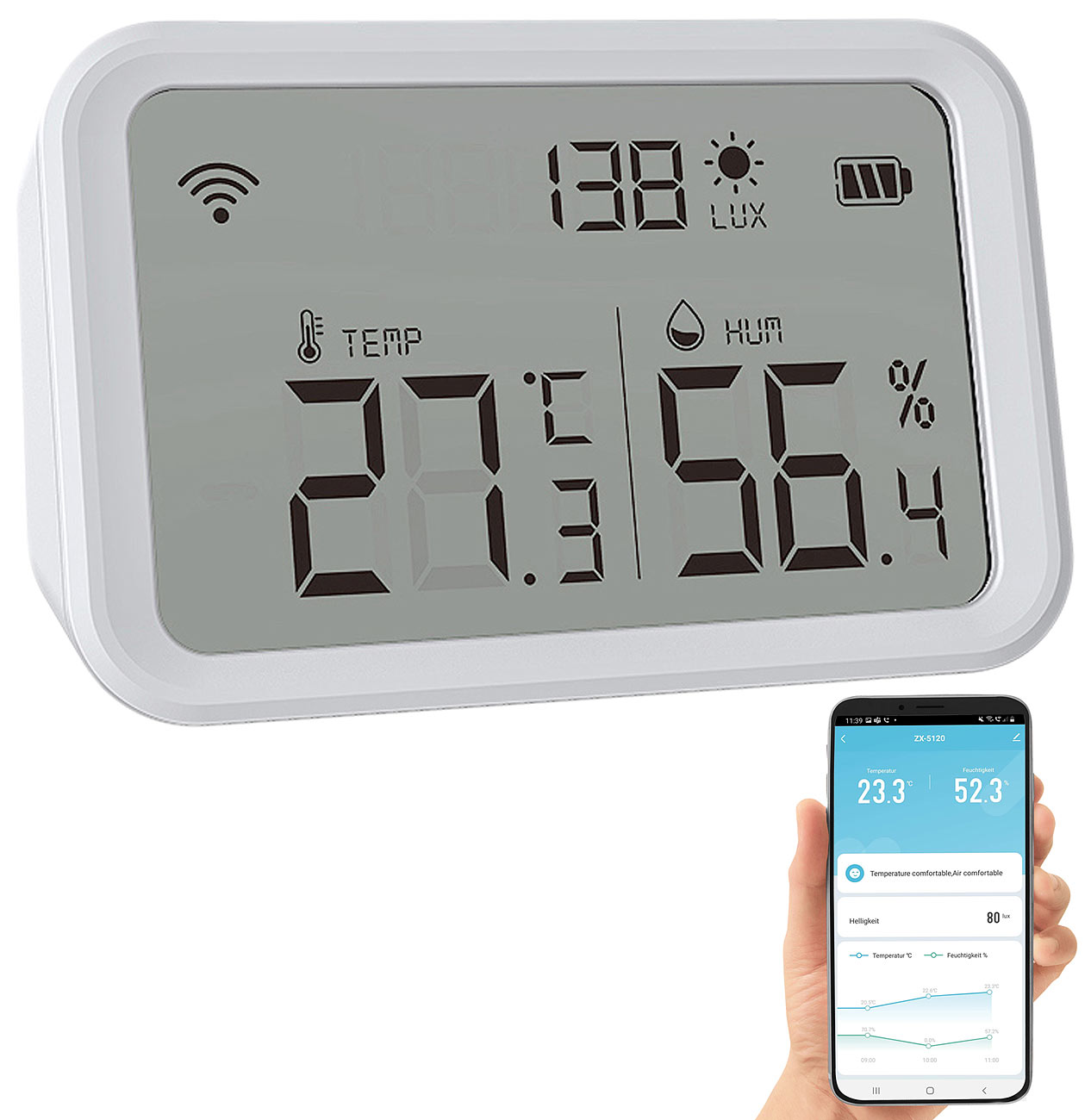 Luminea Home Control interruttore crepuscolare interruttore crepuscolare: Sensore Wi-Fi 3in1 per temperatura, umidità e luminosità, app (controller)