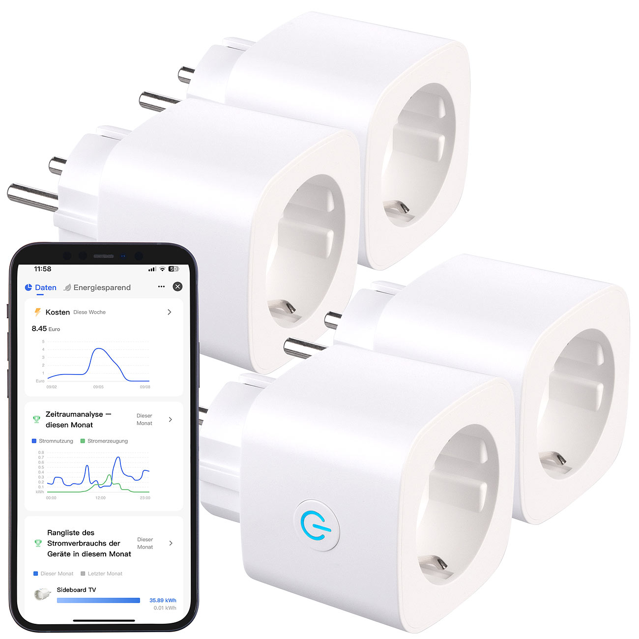 Luminea Home Control WLAN Steckdosen TUYA: 4er-Set 2in1-WLAN-Steckdose, bidirektionale Strom-Messung, 16 A, App (Stromzähler Steckdose Solar, Alexa)
